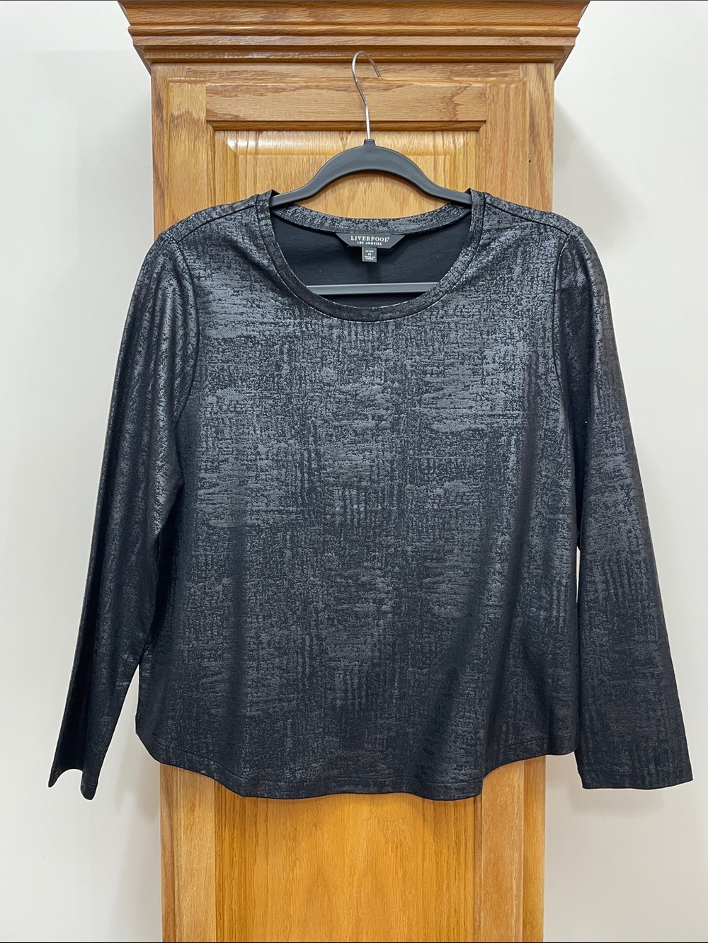 Liverpool Metallic Black Long-Sleeve Crewneck Top Medium Petite